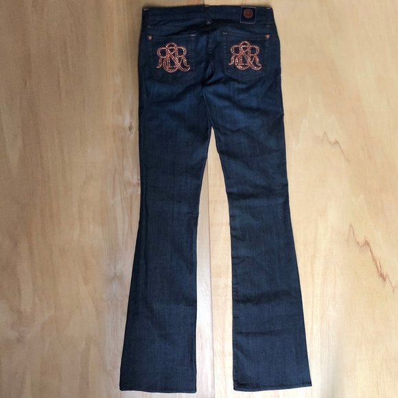 ROCK & REPUBLIC FLARE Women’s Rhinestone Pocket Dark Wash Denim Jeans sz 28 - Picture 7 of 9